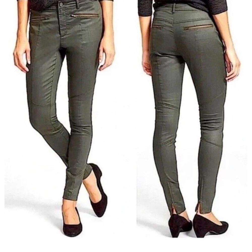 Eileen Fisher Coated Moto Skinny Pants Olive Green Ankle Zip Biker Size 14